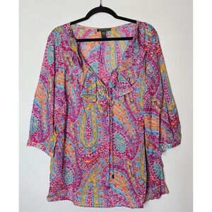 Lauren Ralph Lauren 3X Paisley Bold Print Ruffle Tie‎ Neck 3/4 Sleeve Blouse Top